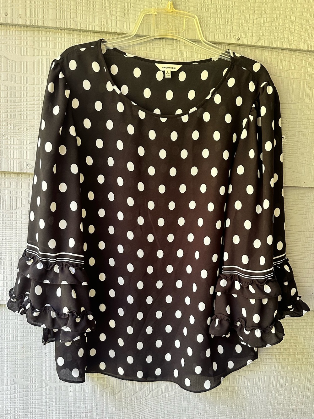 Max Studio Polka Dot Ruffle Sleeve Semi-sheer Blouse| Black White~L